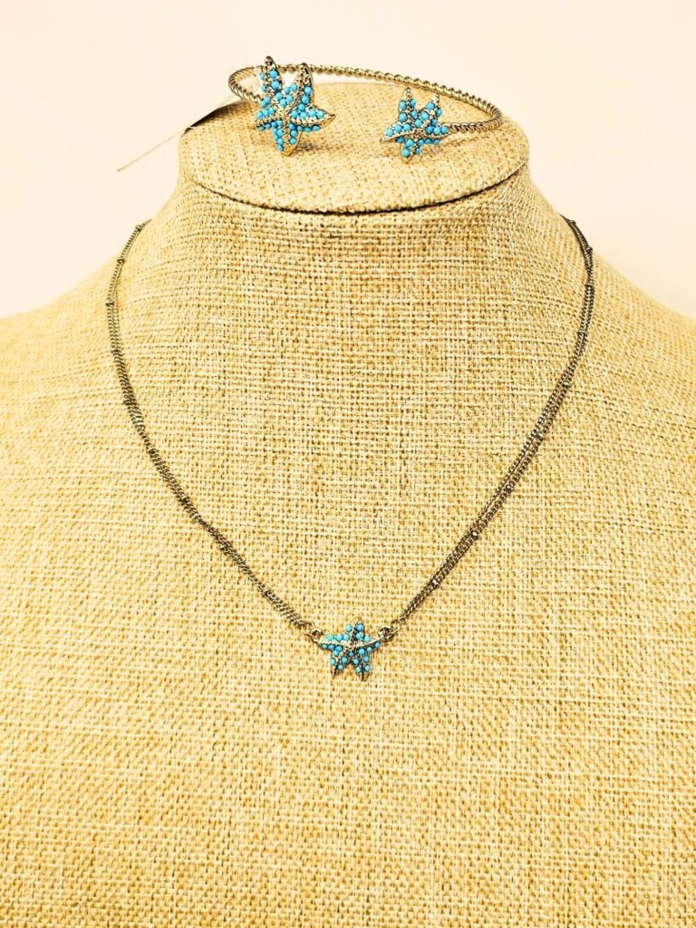 Vintage Set of 3 Starfish Turquoise-Blue Beads Necklace Cuff Mini Studs